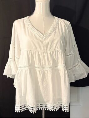 IMPRESSIONS, Beautiful White V-Neck Cotton Lace Tiered Peasant Blouse, Size L